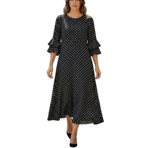 Traffic People Black/Cream Polka Dot Silk Blend Midi Dress 3/4 Bell Sleeves - XS